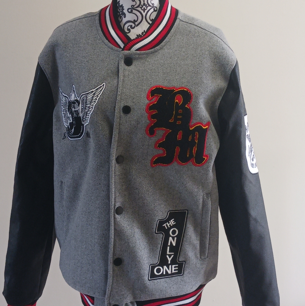 Bleecker & Mercer Men's Racing  Grey & Black Varsity Jacket with Red Trim